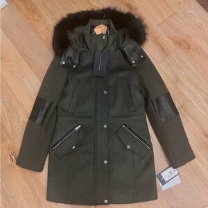 Andrew Marc Olive Wool Winter Coat with Black leather Accents and Fur Trim